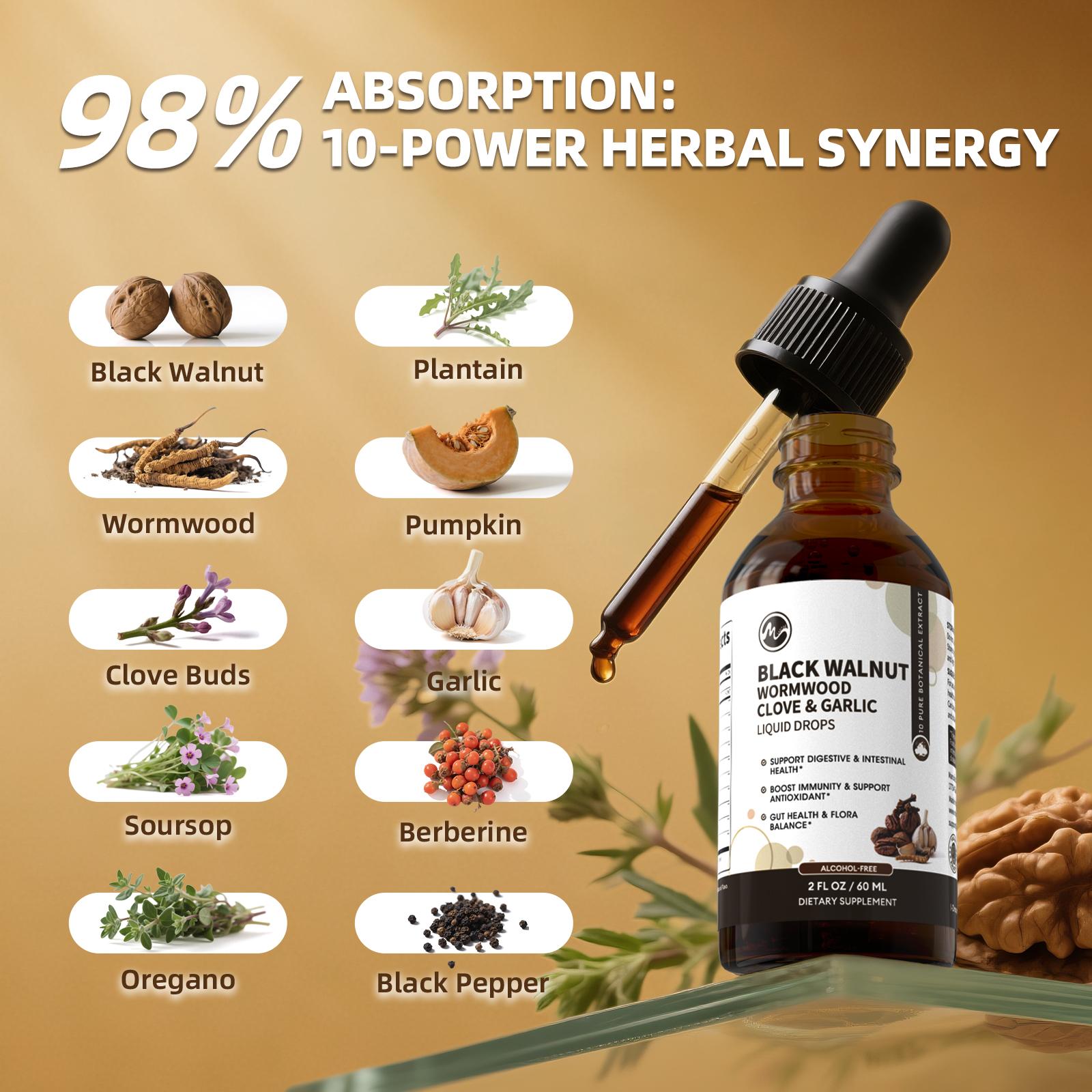 M inch Black Walnut & Wormwood Liquid Extract Drops, Clove Botanical Tincture Complex Daily Herbal Dietary Supplement, 2 Fl Oz