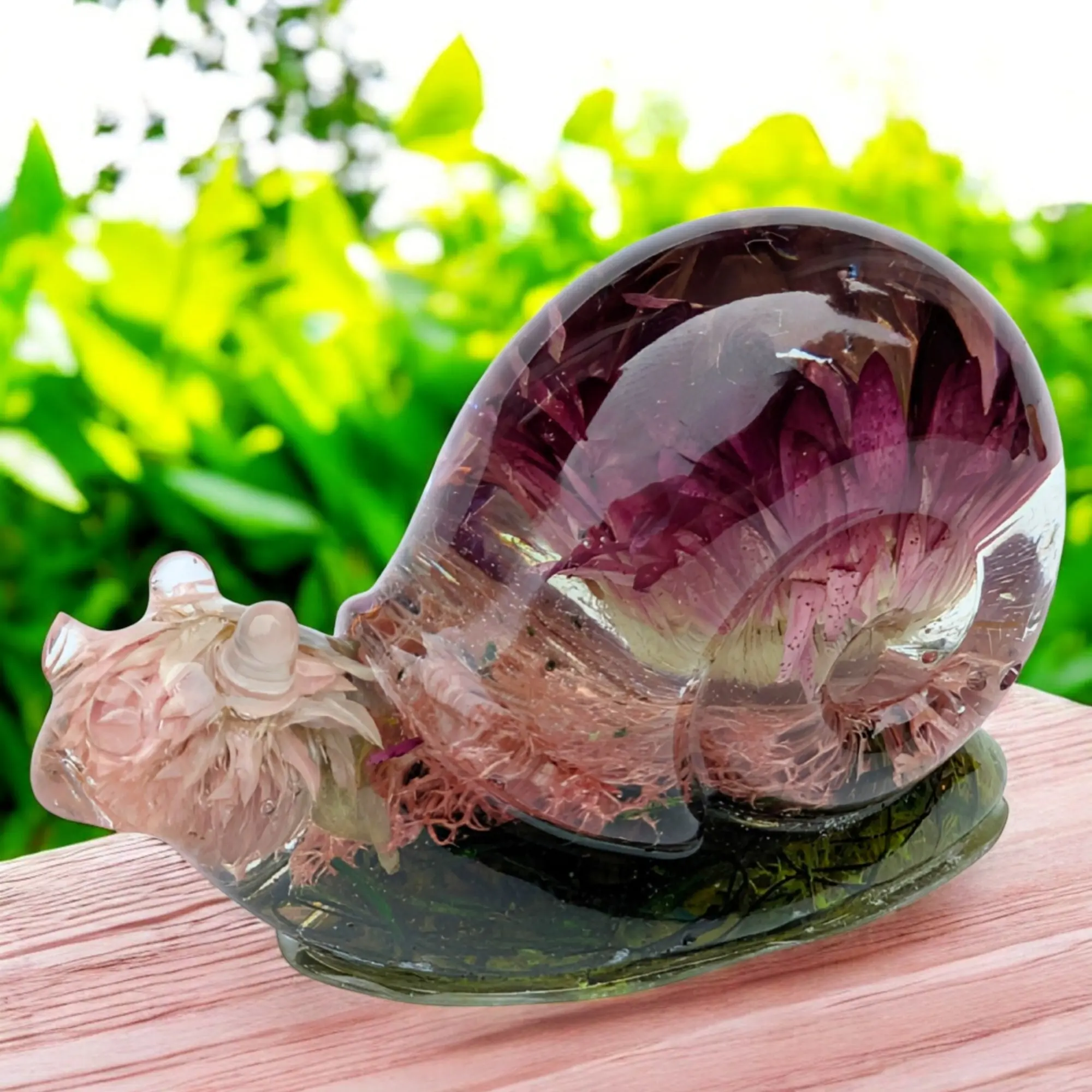 Handmade Resin Snail Figurine with Real Dried Flowers & Moss – Nature-Inspired Decor Gift