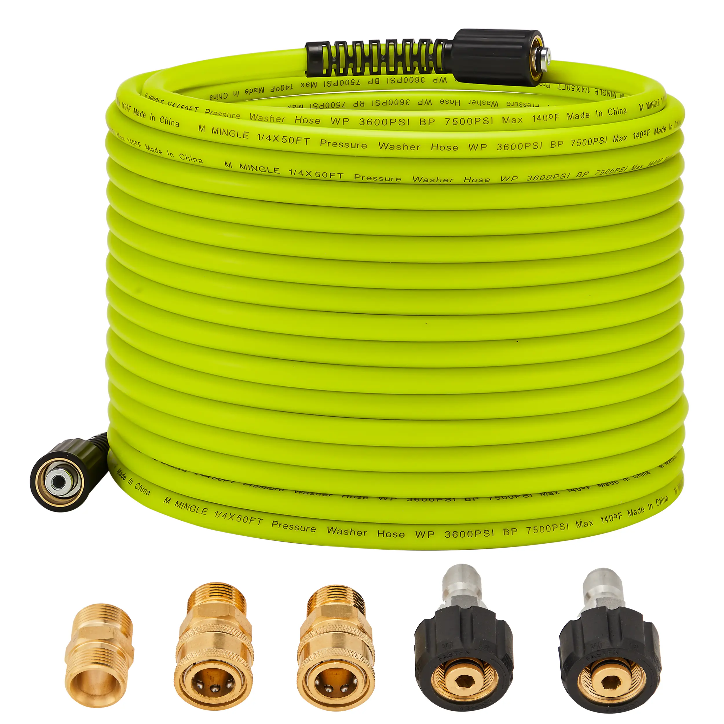 M MINGLE 50 FT x 1/4" High Pressure Washer Hose with M22 14mm Fittings, Quick Connect Kits, 3600PSI for Motorcycle, Pool, Window, Roof, Car Cleaning