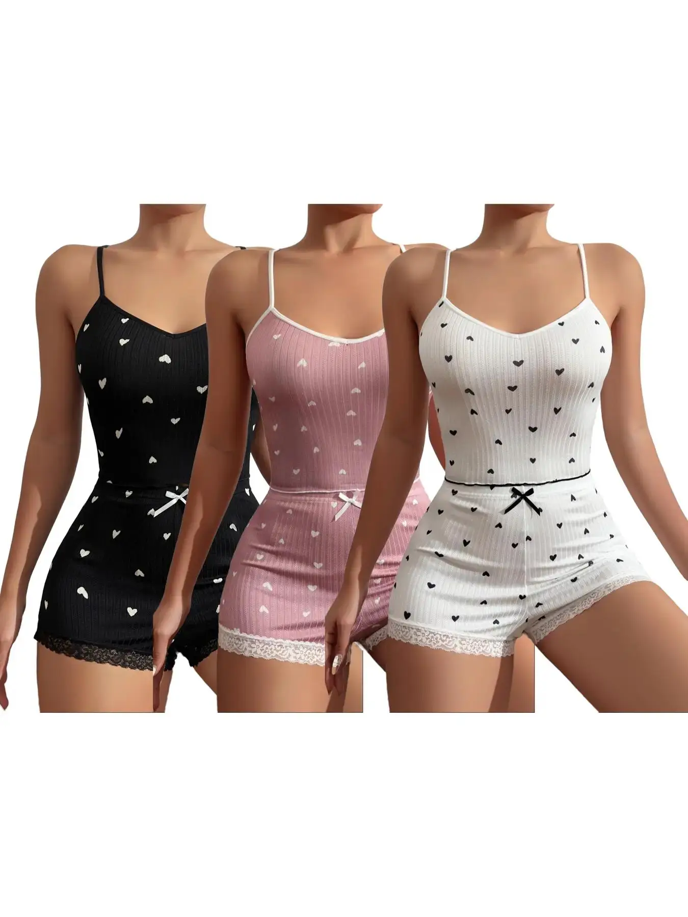 Women's All Over Heart Print Sheer Cami Top & Bow Front Contrast Lace Shorts Pyjama Set, Lounge Set, Cute Comfy Spaghetti Strap Sleeveless Top & Short