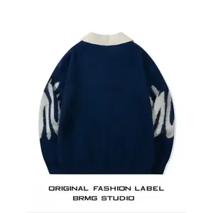 Men's Letter Print 2 in 1 Collar Sweater, Loose Casual Long Sleeve Button Front Jumper for Spring & Fall, Fashion Men's Knitwear for Daily Wear,?Pullover
