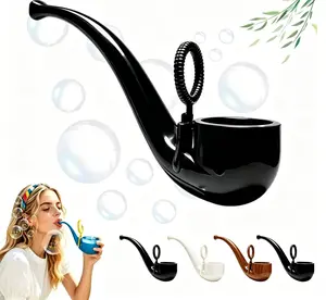 Bubble Pipe Toy, Retro Bubble Blower Wand with Built-in Solution Bowl, Durable Plastic Bubble Maker for Kids & Adults, Fun Summer Outdoor Party Toy, with 2 Free Bubble Liquid Packs