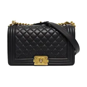 Pre-owned CHANEL Lambskin Shoulder Bags Le Boy Medium Flap Bag in Black with Gold Hardware