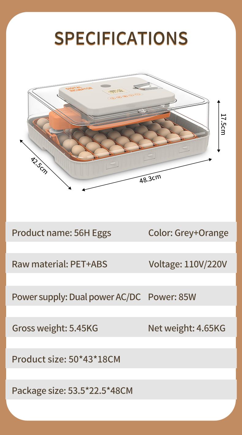 56 Egg Incubator for Hatching Eggs, Egg Incubators with Automatic Egg Turning, Temperature and Humidity Control, Egg Candler, Automatic Water Bottle Refill, Incubator for Chicken, Ducks, Goose