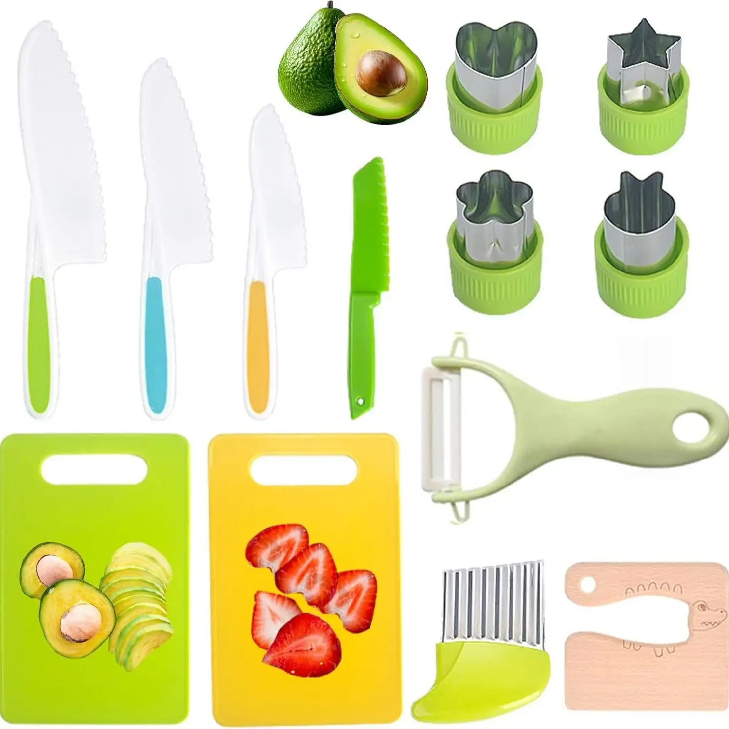 13-Piece Wooden Kitchen Knife Set, Blue Kids' Knife Group Includes Wood Knives, Toothed Plastic Toddler Knife, Sandwich Knife, Kitchen Pretend Playset, Play Kitchen Accessories