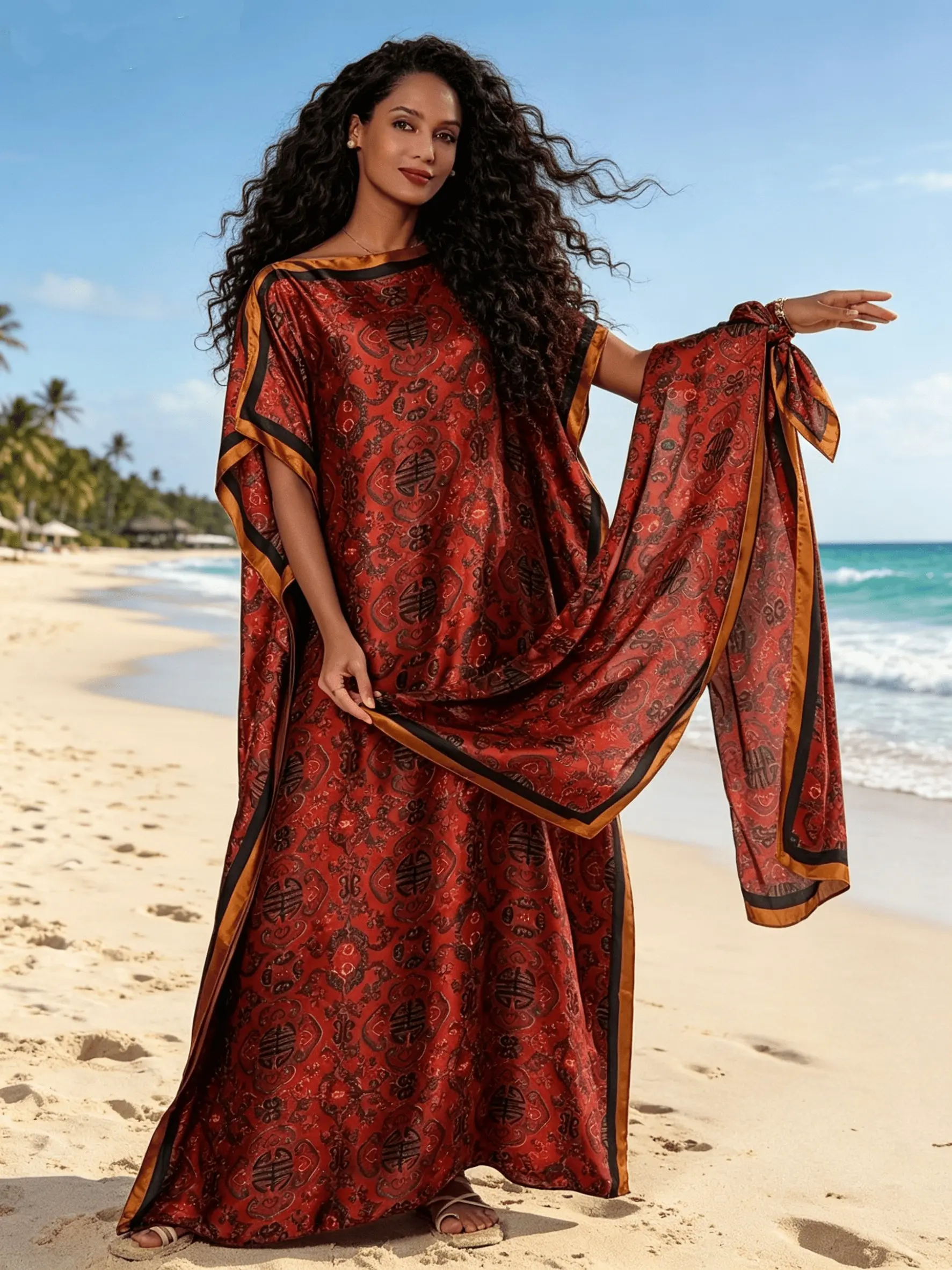 2026 New Women's 2 Piece Red & Black Paisley Print Kaftan Maxi Dress with Matching Scarf, Silky Loose Pleated Robe, Plus Size Friendly, Beach Cover Up, Resort Vacation & Evening Party Wear, Beach Kaftans