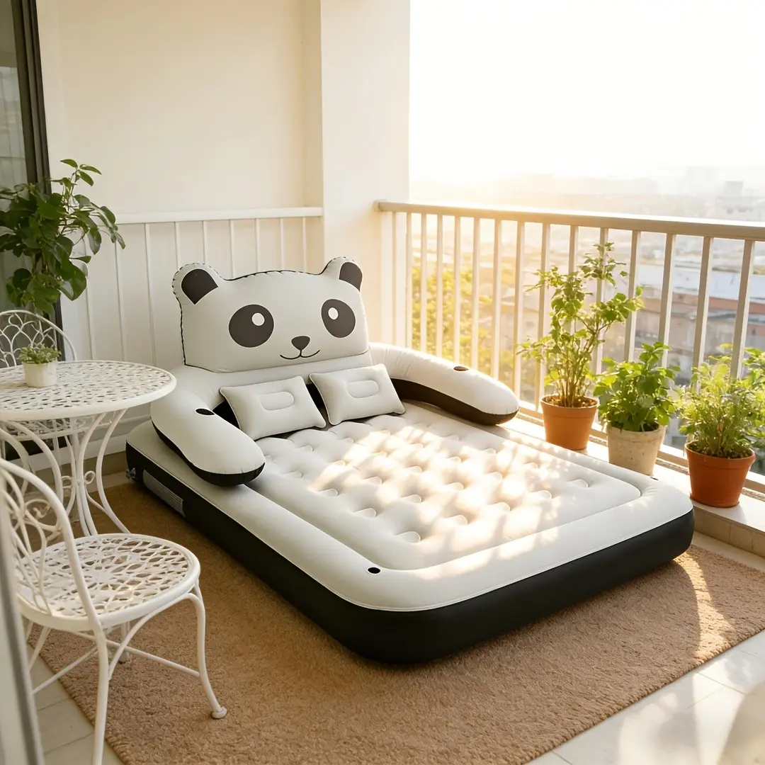 Panda Themed Inflatable Air Mattress, 18-Inch Convertible Sofa Bed with Velvety Top, Detachable Backrest and Lumbar Support for Camping & Home, Inflatable Cushion, Portable Airbed, Animal Theme, Camping/Indoor, Detachable Seat, Dual Layer, Playful Look, P