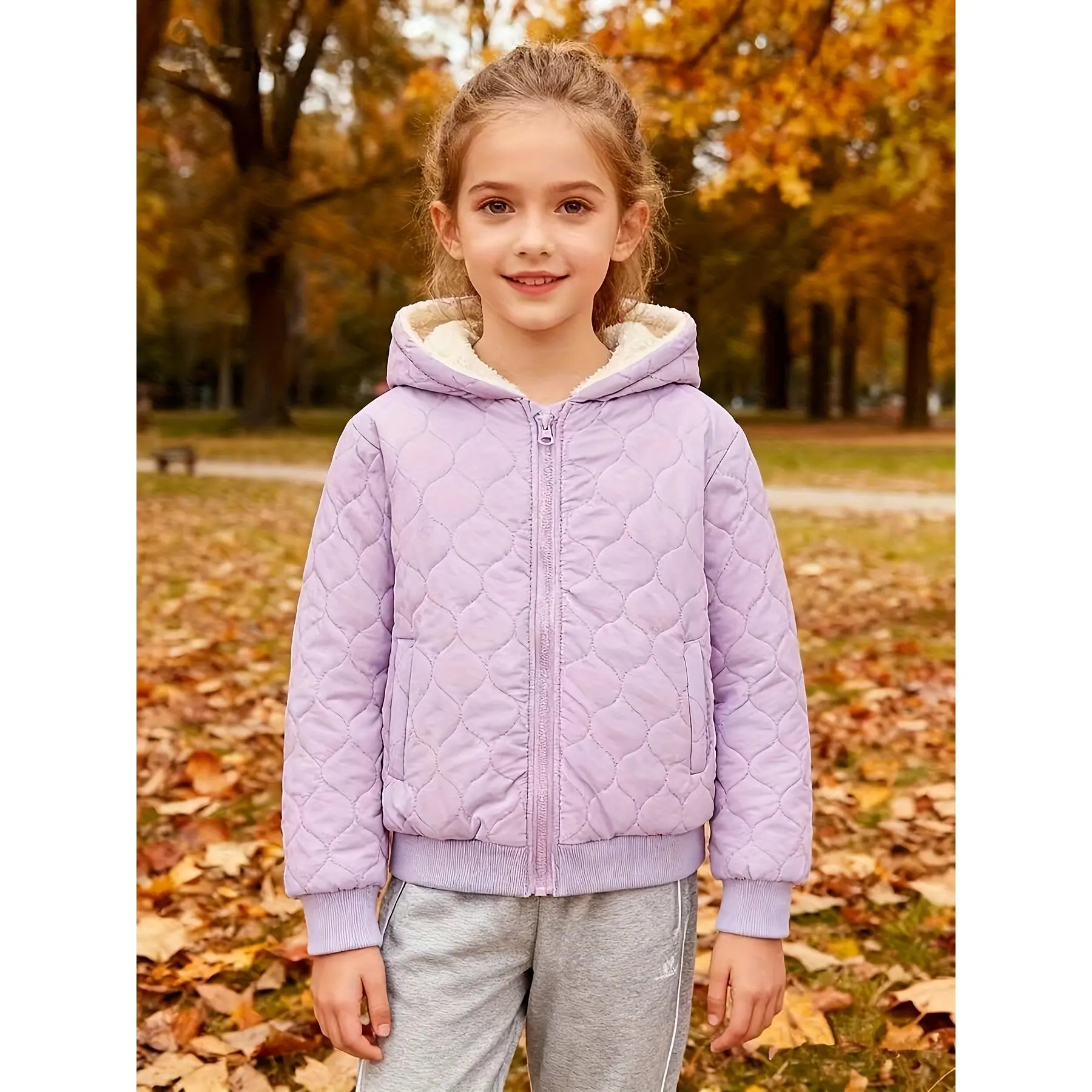 Girls' Solid Plain Cropped Quilted Polyester Jacket with Faux Fleece Lining, Hooded Winter Zip Up with Long Sleeves for Ages 4-14 Years, Zipper Front Jackets, Casual Zipper Coat