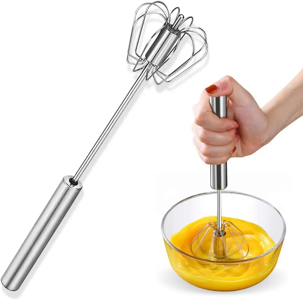 Stainless Steel Mechanical Whisk - Sturdy Rustproof Kitchen Utensil, Semi-Automatic Rotating Hand Mixer for Tired-Free Stirring of Cream, Eggs, Coffee - Single Unit for Home/Restaurant Use