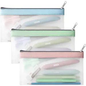 SQ-PCB018 Clear Pencil Pouch-3 Pack, Clear Pencil Case, Pen Holder with Zipper for Kids, Makeup Pouch, Kids Pencil Pouch for Office School Supplies Travel Accessories
