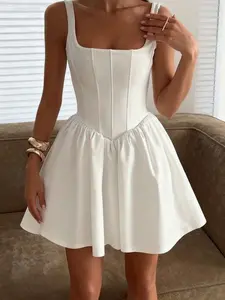 🤍 French Minimalist White Cami Dress | Square Neck, Slim Waist, Backless Sleeveless Mini Dress for Spring & Summer Chic ✨