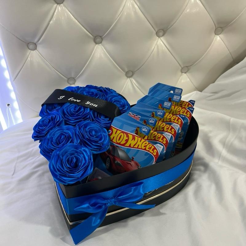 Luxury Heart-Shaped Gift Box with Blue Eternal Roses & Hot Wheels Cars Handcrafted Premium Arrangement