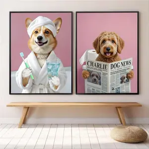 SET of 2 Custom Pet Portrait From Photo,Dog Reads Newspaper Art,Guestroom Wall Art,Funny Bathroom Art