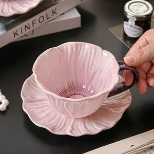 Gift for Her 💗 Floral Embossed Ceramic Cup with Saucer  Vintage Coffee Mug therapeutic cup for Cappuccino   Latte Art Coffee Cup Pink and Blue Flower Cup 🌸  Aesthetic