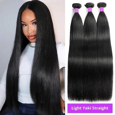 AMA Brazilian Virgin Human Hair Bundles - Yaki Straight, 100g per Bundle, Natural Color, Double Machine Weft Hair Extensions for Quick Weave Sew In, Minimal Shedding, Dye/Bleach Ready #Summervibes