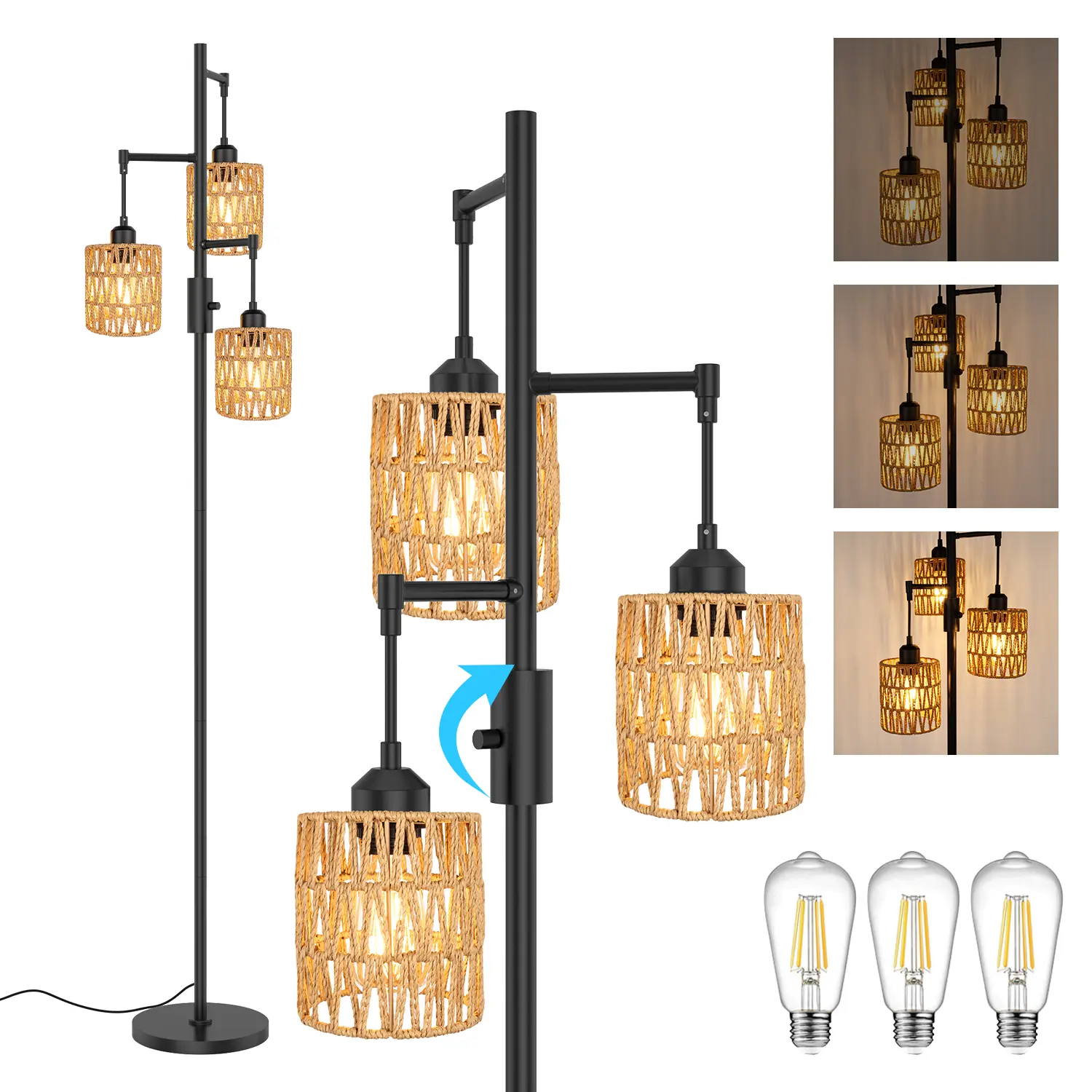 DEMILARE  3-Light Boho Floor Lamp for Living Room, Rattan Wicker Standing Lamp Palm Tree Design, Farmhouse Coastal Floor Light with Woven Shade, Tall Bohemian Lamp,Adjustable Leds,home makeover,back to school shopping