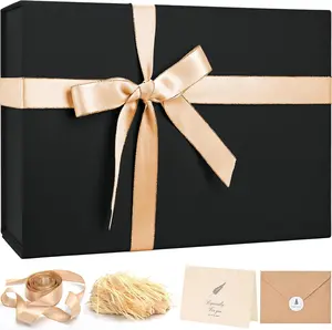 Large Black Gift Box with Ribbon – 14"x8.5"x4.5" Gift Box for Birthday, Wedding & Anniversary Presents, Includes Shredded Filler & Card