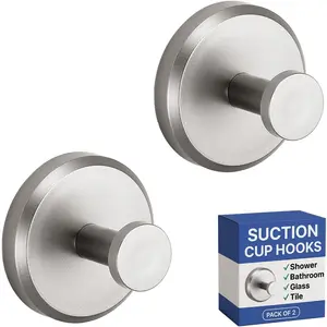 Suction Cup Hooks for Shower, Bathroom, Kitchen, Glass Door, Mirror, Tile-For Hanging Loofah, Towel, Coat, Bath Robe up to 15 lbs - Polished Matte Chrome, Brushed Nickel (2-pack)