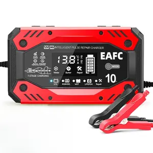 US Plug Battery Charger 10-Amp 12V & 24V Fully-Automatic Smart Car Maintainer Trickle & Desulfator with LCD Display & Temperature Compensation for Automotive & Marine Batteries