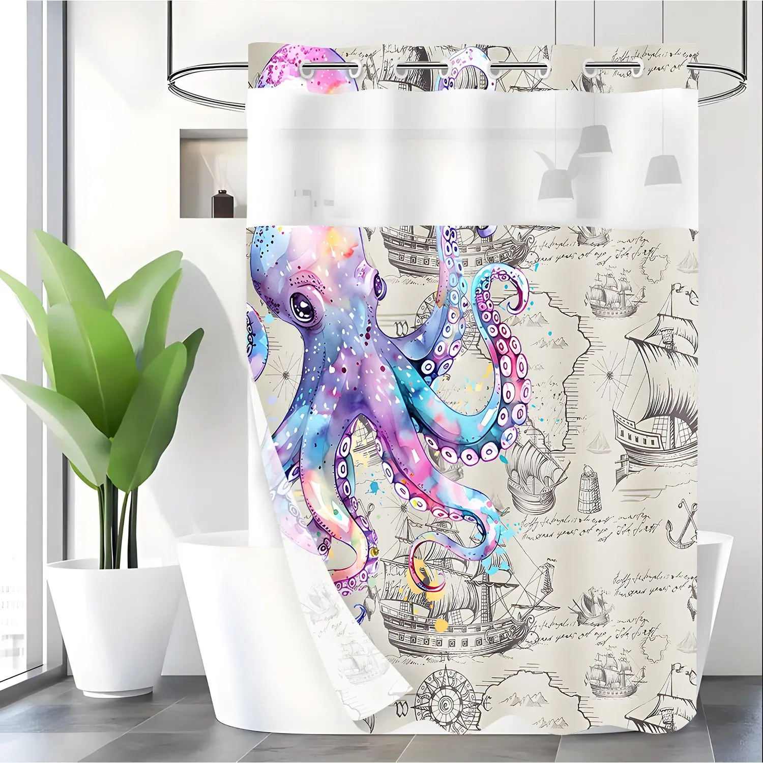 LVRLVR 1pc Nautical Octopus Pretty Decorative Shower Curtain with Sheer Top Window, Detachable Liner & No Hook C-Ring, 70.8" x 74"