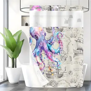 LVRLVR 1pc Nautical Octopus Shower Curtain with Sheer Top Window, Detachable Liner & No Hook C-Ring, 70.8" x 74"
