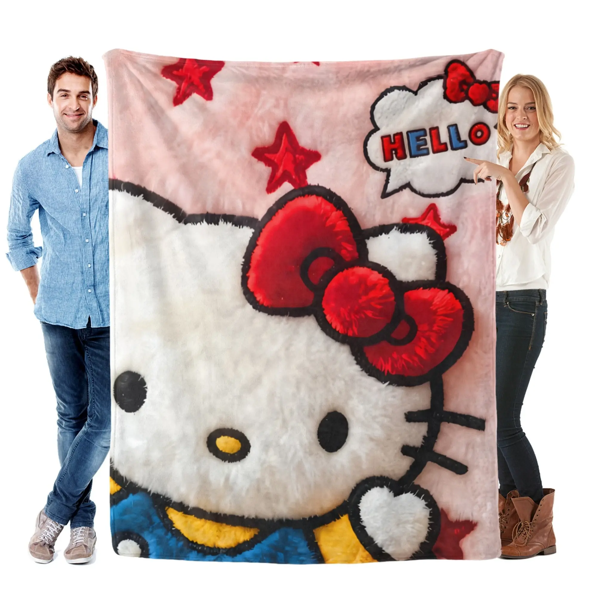 Sanrio Hello Kitty 2D Print Fleece Blanket - Cute Pink Aesthetic Bedroom Decor Bedding