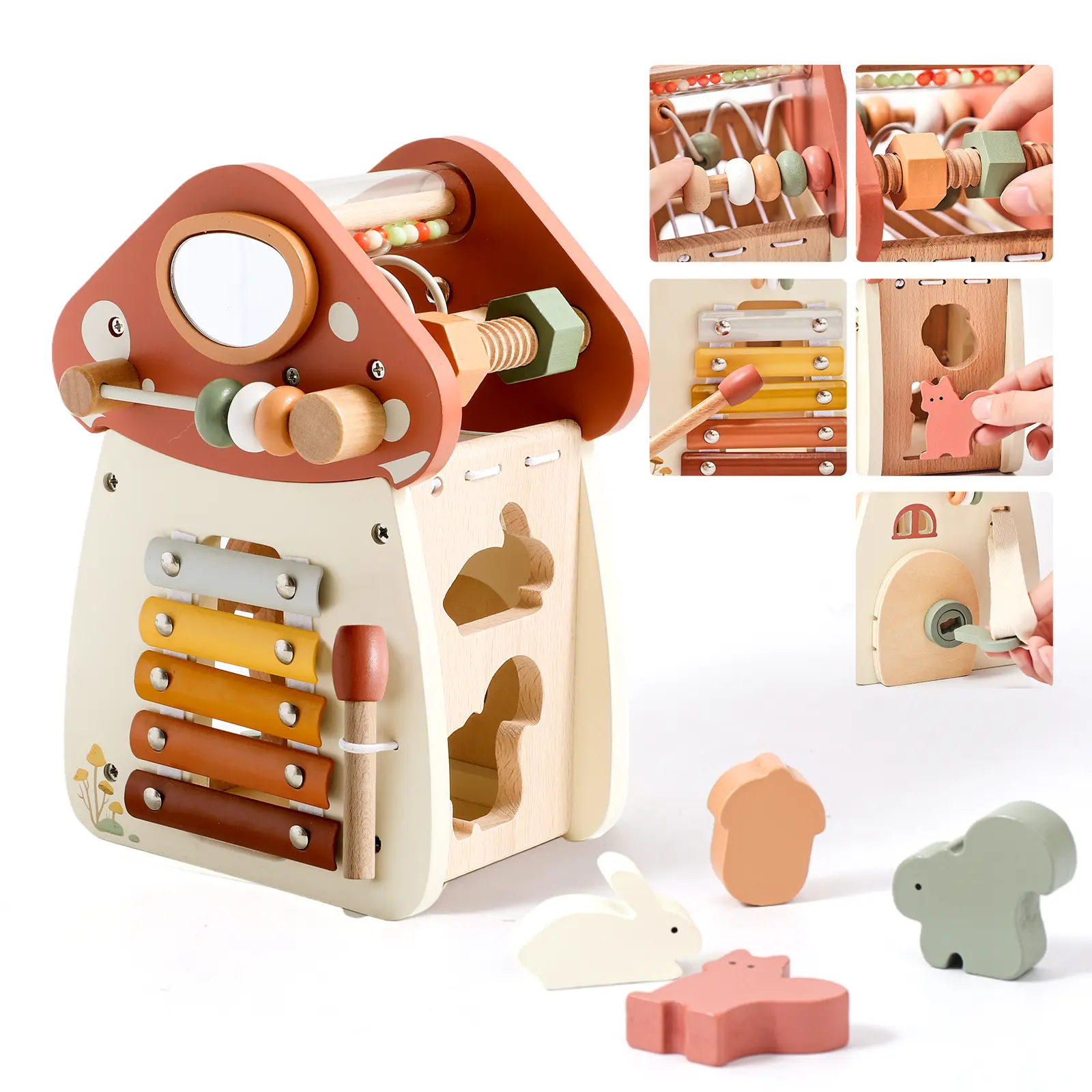 Wooden Activity Cube - 11-in-1 Montessori Toys for 1+ Year Old Boys & Girls, Multipurpose Educational Sensory Toys for Toddler, First Birthday Gift, Busy Board Toys for 18 Months (Mushroom) DealsForYouDays