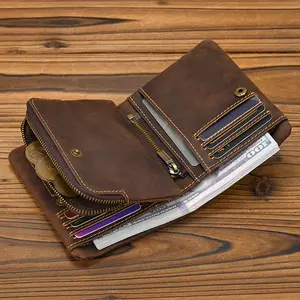 Men's Vintage Crazy Horse Leather Short Bifold Wallet - Snap Button Purse with Zipper Coin Pocket and Multiple Card Slots