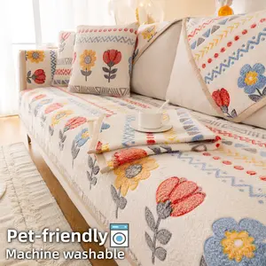 Pet-Friendly Floral Plush Sofa Cover, Soft Thick Couch Seat Pad with Anti-Slip Backing, Machine Washable Sofa Protector,  for Sectional, Loveseat, 2/3 Seater, Washable Sofa Slipcover