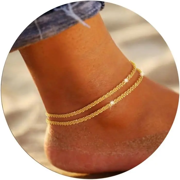 Women's Ankle Bracelets Glitter Waterproof Adjustable 14K Gold Plated or Sterling Silver Layered Anklets Ideal for Summer Beach as Women's Gift