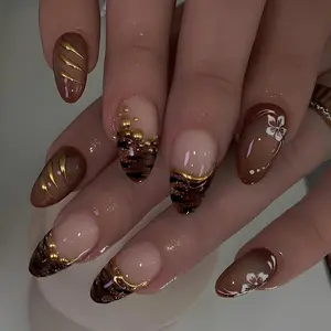 Short Oval Brown Leopard French Nails | 3D Gold Beads & White Lace | Glitter Flowing Gold Claw Marks Fake Nails, Includes Jelly Glue & Nail File