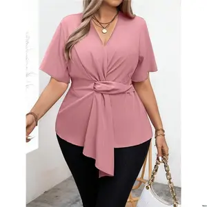 Top For Hem And Belt With Shirt - V Plus Celure Size Solid Color Neck Asymmetrical Summer Peplum