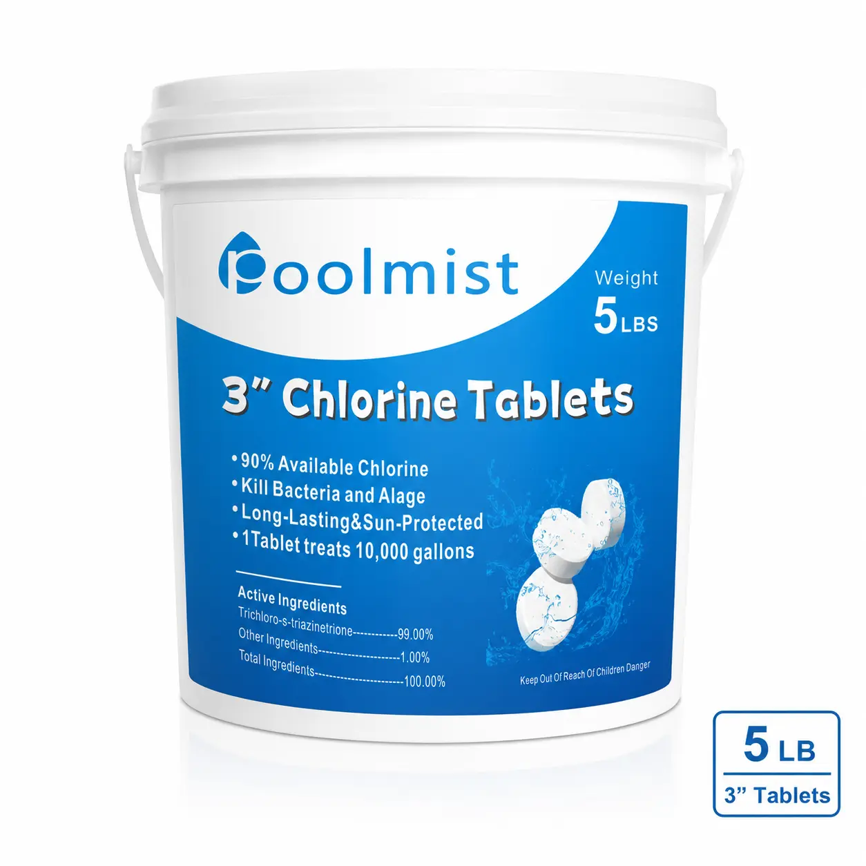 3-Inch Concentrated Pool Chlorinating Tablets, 5 lbs Extended Release Chlorine Tabs for All-Purpose Water Quality Maintenance, Heavy-Duty Long-Lasting Water Clarifier Treatment Bucket