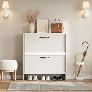 Shoe Cabinet with 2 Flip Drawers, Narrow Shoe Storage Cabinet with Adjustable Shelf, Hidden Shoes Rack with Anti-Tipping Kit, Freestanding Shoes Rack for Entryway Hallway, Distressed White/Natural