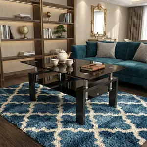 Black Glass Rectangle Coffee Table With Black Support Legs Modern Minimalist Living Room Center Side Table Household Daily Use Leisure Furniture