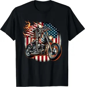 Casual Cotton shortsleeve tees American Patriot Motorcycle Skeleton BikerMotorcycle Clothing for Bikers