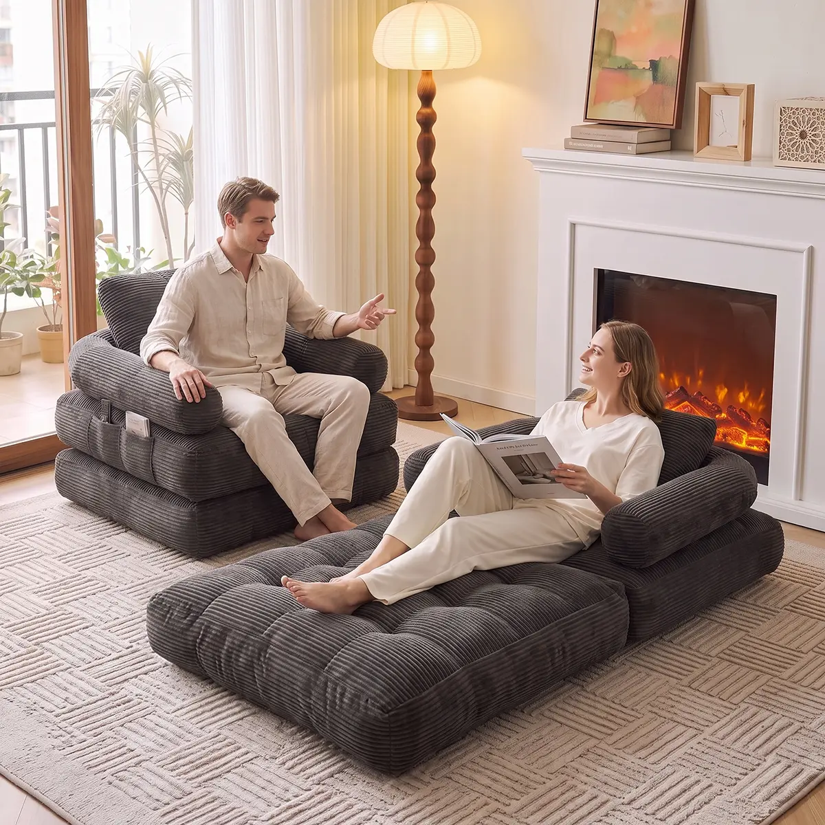 2-in-1 Minimalist Cotton Corduroy Single Seat Sofa Bed Chair - Velvet Oversized Chaise, Plush Cushioning, Pre-Assembled No Assembly Required, Seat Sleeper Lounge for Bedroom, Living Room Indoor Furniture