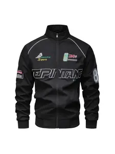 Men's Vintage Racing Style Pilot Jacket, Embroidered Letter Patch Stand Collar Street Windproof Coat, Spring Fall Casual Motorcycle Outerwear