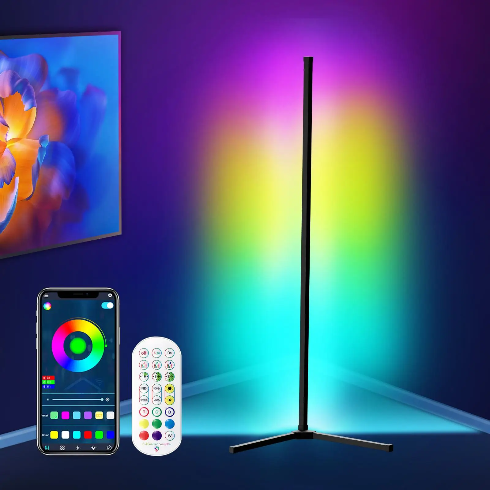 Smart RGB LED Corner Lamp, Color Changing LED Light with App & Remote Control, Music Sync Timer Setting Corner Light for Living Room Bedroom