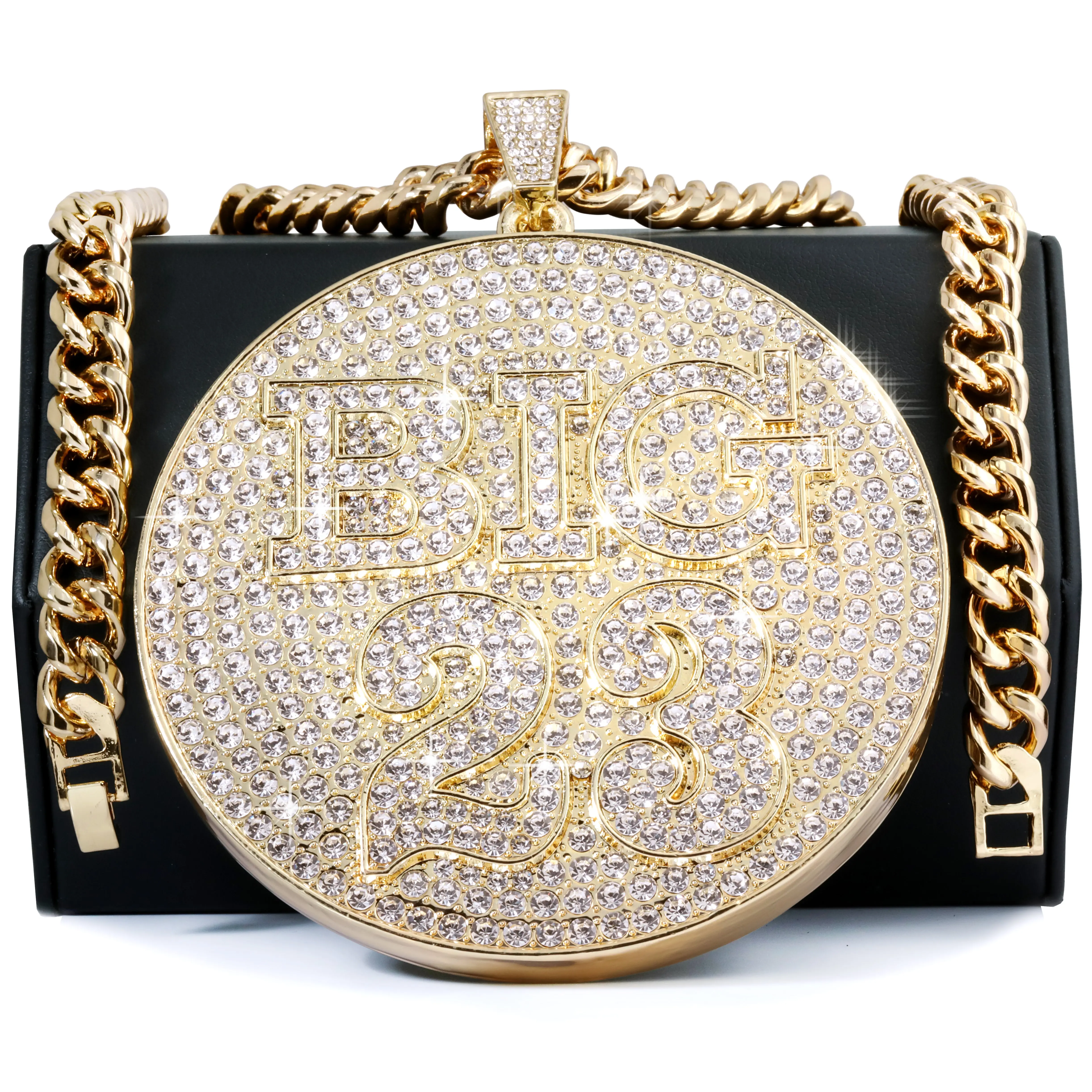XL - BIG 23 Medallion Fully Iced | Curb Cuban Necklace Gold Plated
