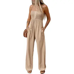 FMEYOA Womens Summer Smocked Jumpsuits Loose Fit Adjustable Spaghetti Strap Jumpers Button Front Jogger Leg Overalls