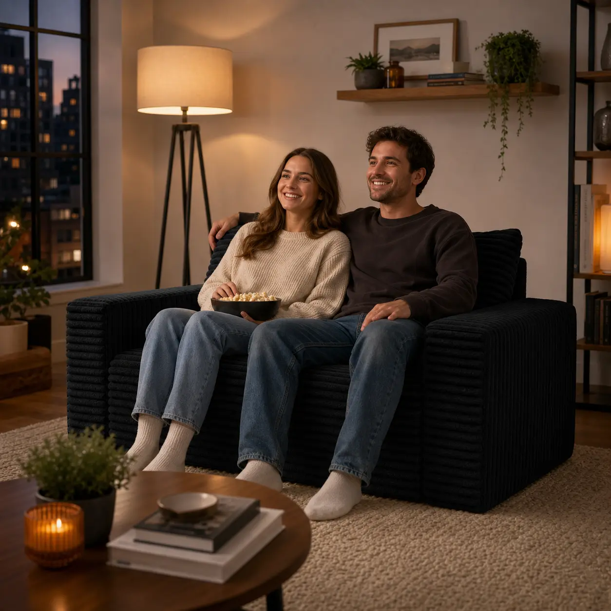 63" No-Assembly Compressed Ribbed Top Comfy Loveseat Sofa - 2-Seat No-Leg Open Box Fabric Floor Couch with Fixed Box Arms, 2 Back Cushions, 500 lb Capacity for Apartment, Office, None, Bedroom, Fixed Arms, No-Leg Open Box Floor Sofa, Space Saving