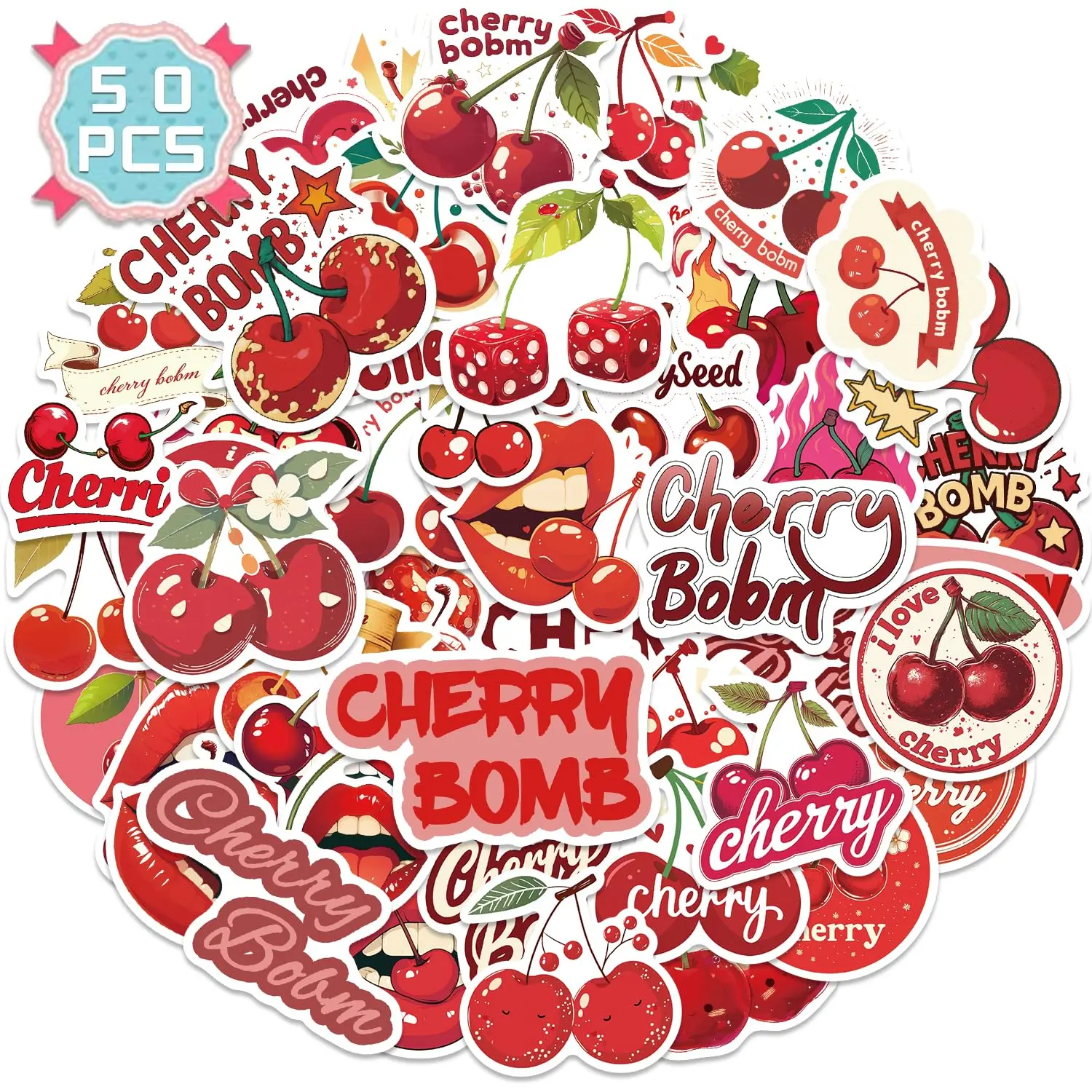 Cherry Bomb Vinyl Phone Stickers - 50 Pack Red Aesthetic Waterproof Cute Phone Accessories for Smartphone, Cellphone, Handheld Device Casings