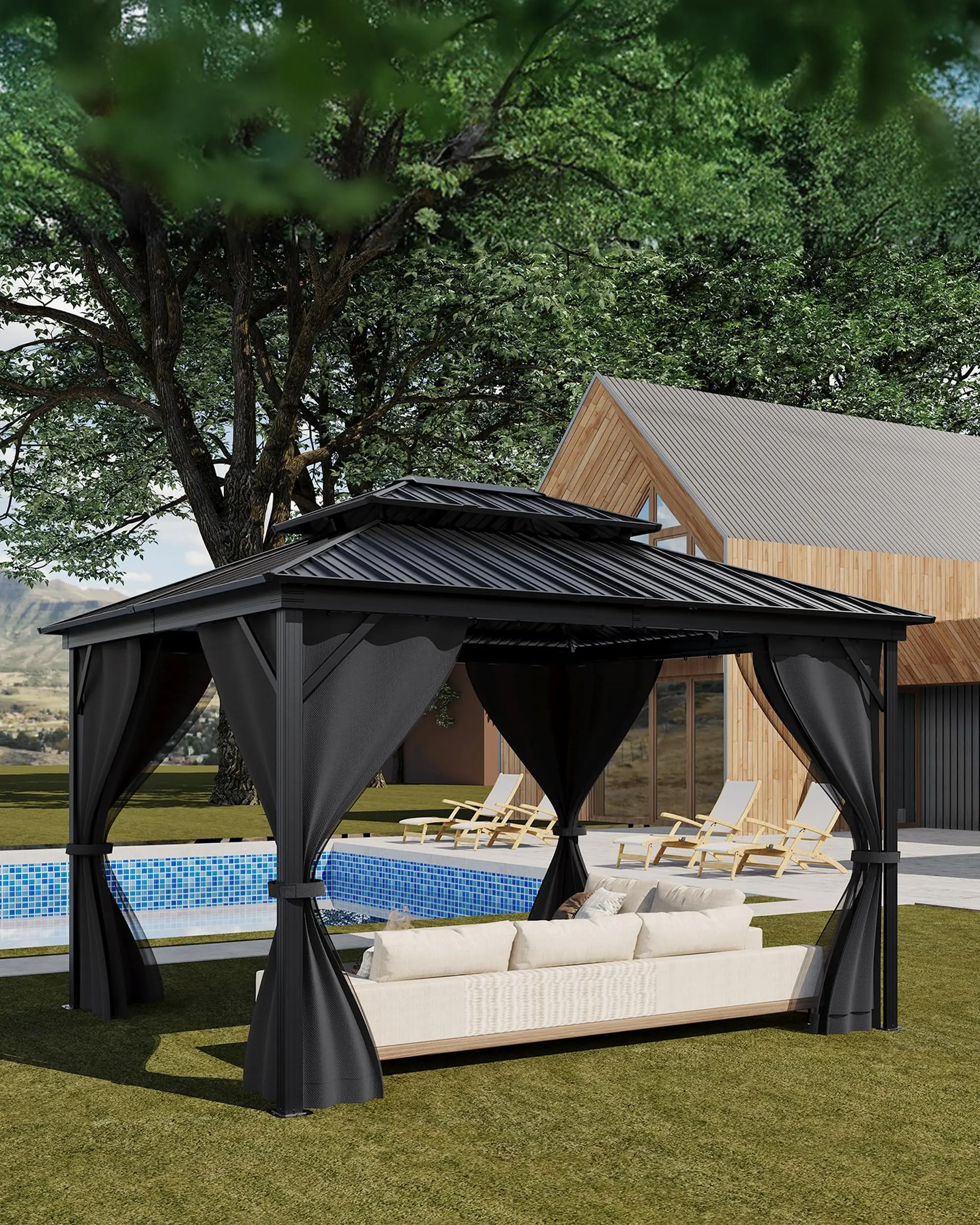 12x14 ft Grey Hardtop Gazebo, Heavy Duty Double Roof with Netting & Curtains, Galvanized Steel Outdoor Pavilion for Patio, Backyard, Deck & Lawn