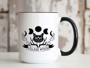Village Witch 15oz Ceramic Coffee Mug Black Cat Moon Celestial Witchy Quote Saying Birthday Christmas Gift Idea for Women Mom Grandma Her