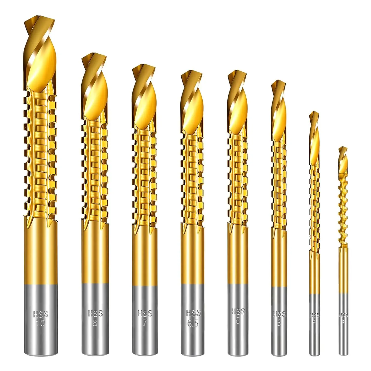 8Pcs Titanium-Coated HSS Twist Drill Bits Set Pack - 3-10mm Serrated Side Cutting Tools for Woodworkers, Hole Drilling in Plastic, Metal, Wood - Home Improvement Supplies