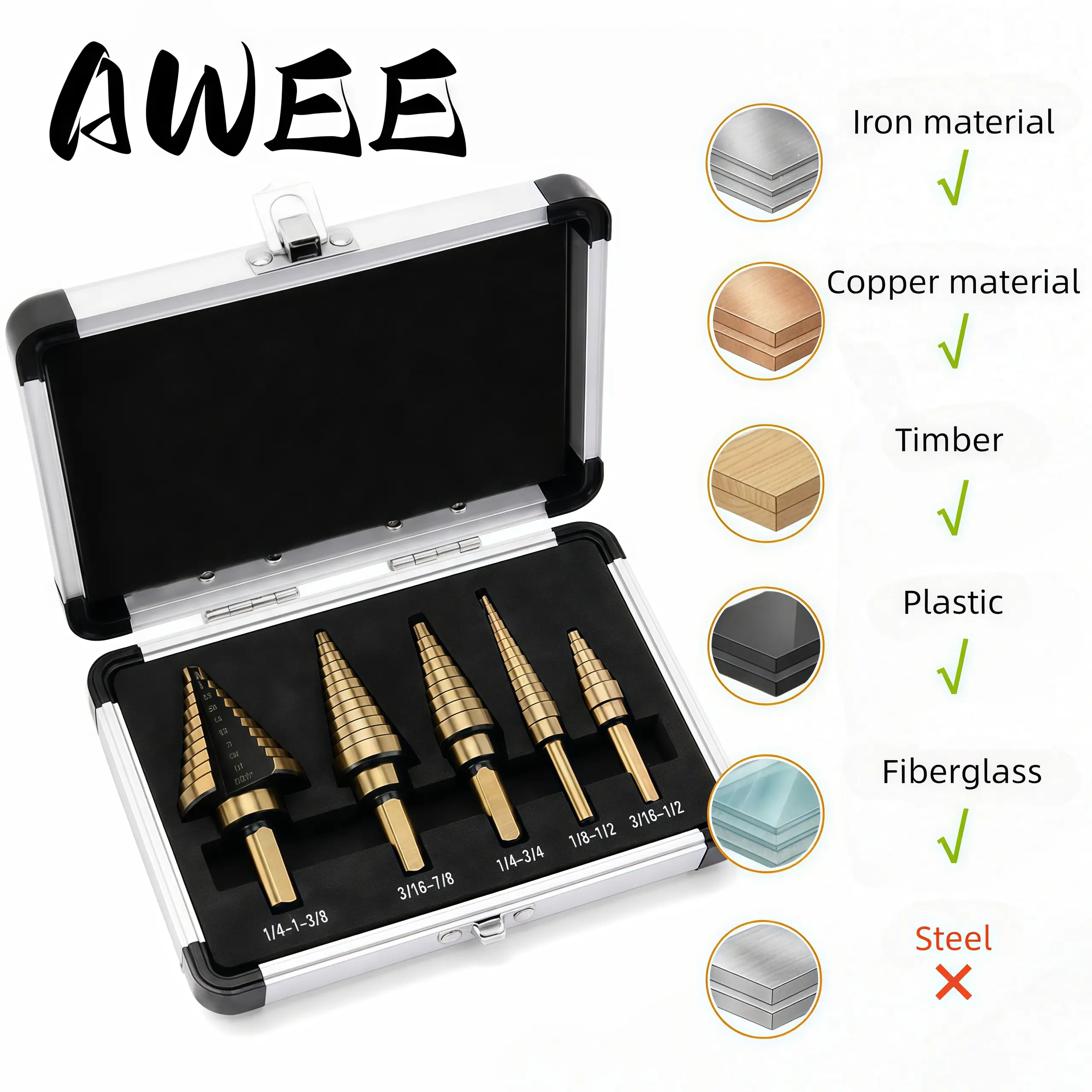 5PCS Titanium Step Drill Bit Set, High Speed Steel Cone Drill Bits 50 Sizes Multi-Hole Cutting Tool, Metal Hole Cutter for Iron Copper Wood Plastic Fiberglass, DIY Industrial Hand Tools, Perfect Father's Day Gift for Dad
