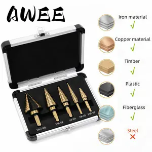 AWEE 5PCS Titanium Step Drill Bit Set, High Speed Steel Cone Drill Bits, 50 Sizes Multi-Hole Cutting Tool, Suitable for Iron Copper Wood Plastic Fiberglass, DIY Industrial Hand Tools