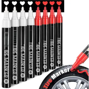 Tire Marker White Red - 8 Pack Paint Pens for Car Tires Lettering, Premium Professional Oil Based Ink, Waterproof Quick Drying Non-Fading Permanent Markers