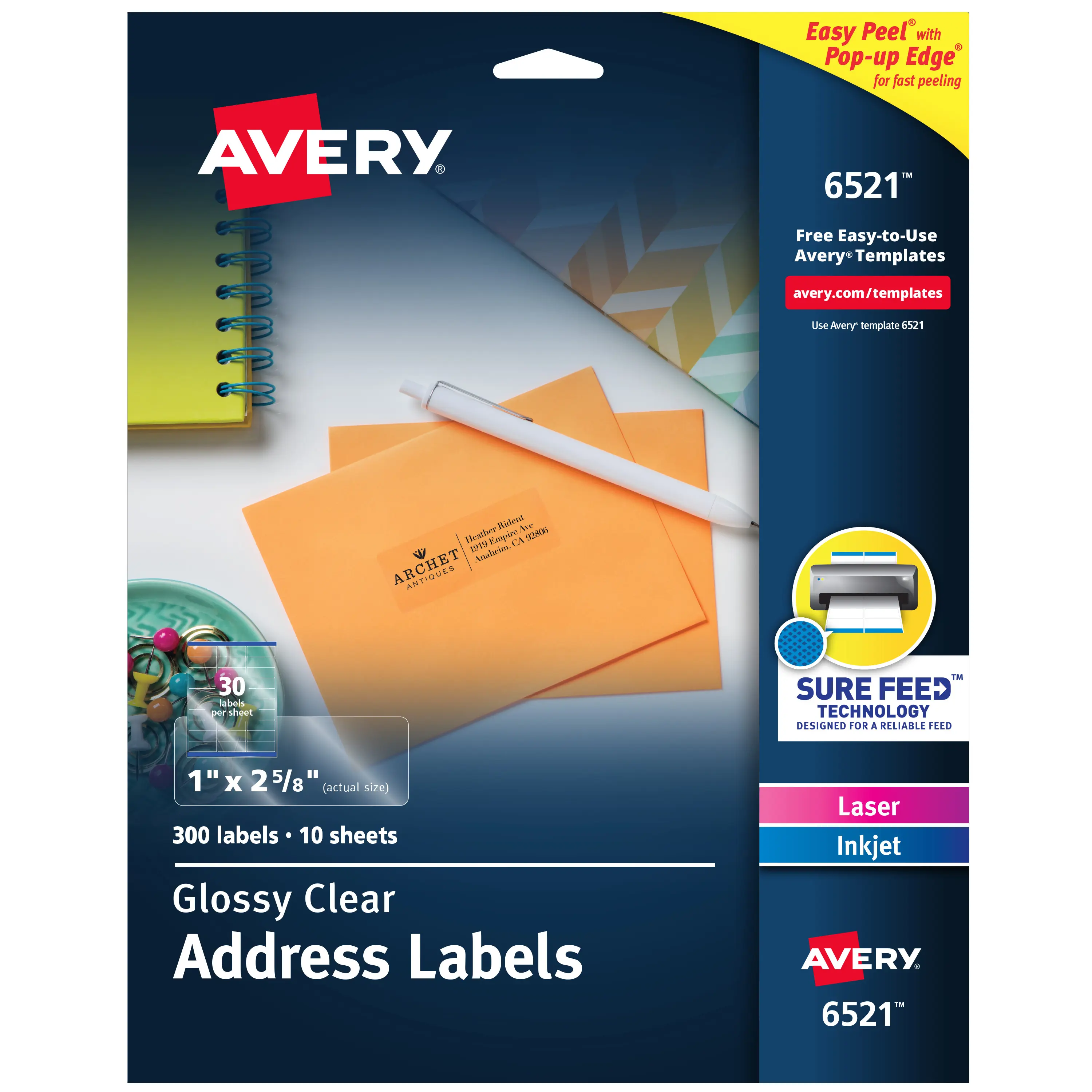 Avery Printable Address Digital Print Labels & Stickers with Sure Feed, 1"x2-5/8" Glossy, 300 Blank Mailing Labels for Laser & Inkjet Printers (6521)